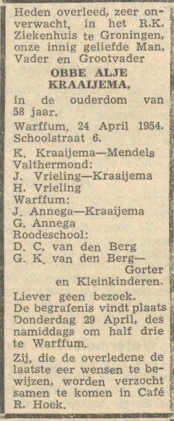 overlijdensadvertentie obbe alje kraaijema in 1954.